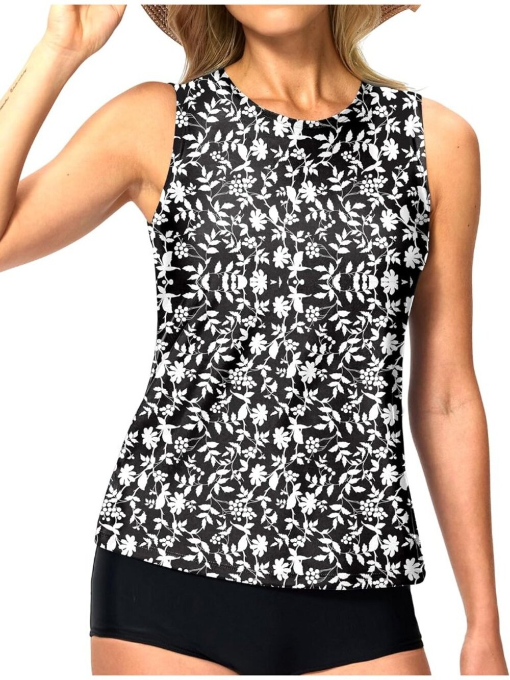 Women's Black 1 High Neck Tanking Tops Modest Swim Shirts with Bra Bathing Suit